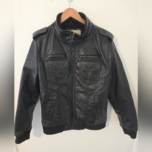 Levis Faux Leather Sherpa Lined Bomber Jacket Black Zip Up Coat Mens Medium - Picture 1 of 8